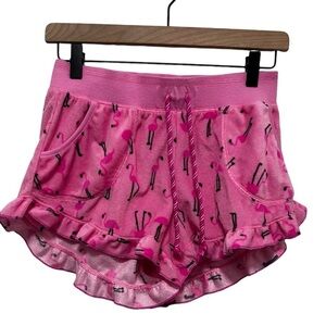 BETSEY JOHNSON Pink Flamingo Soft Terry Cloth Ruffle Hem Shorts Size Small